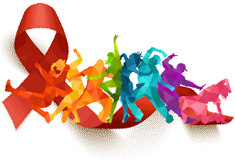 logo du site: Un ruban Rouge qui se déroule sous des individus dansant et colorés en arc en ciel.