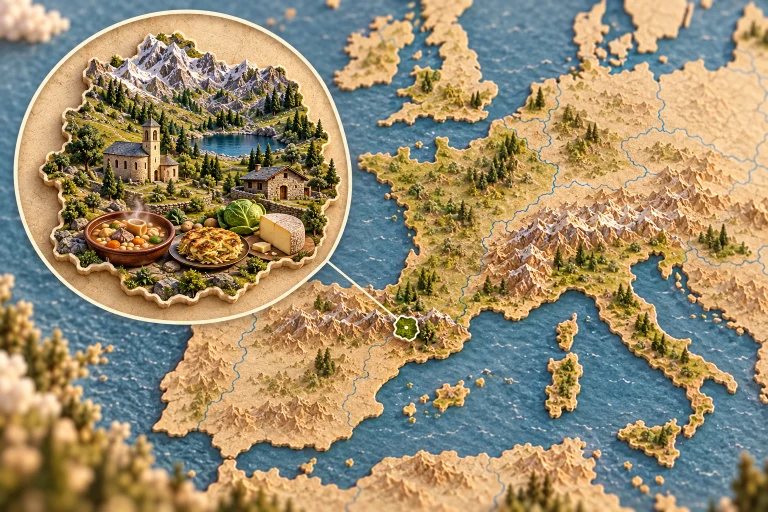Relief map of Andorra in its geographic context, with Pyrenean peaks, Romanesque church, mountain lake, stone borda, trinxat cabbage and potatoes, escudella stew, mountain cheese.