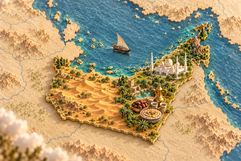 Émirats arabes unis en relief dans son contexte géographique, avec dunes, mosquée Sheikh Zayed, oasis de palmiers, boutre traditionnel, dattes, café gahwa, harees.