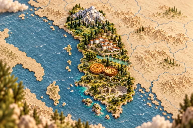 Relief map of Albania in its geographic context, with Albanian Alps, Berat hillside houses, Butrint ruins, Ionian coastline, byrek pastry, tavë kosi lamb and yoghurt, olives.