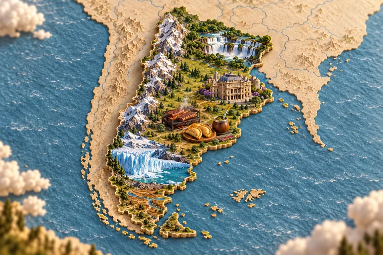 Relief map of Argentina in its geographic context, with Andes, Perito Moreno glacier, Iguazu Falls, Buenos Aires architecture, asado barbecue, empanadas, mate.