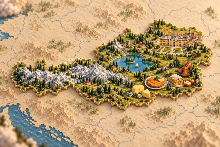 Autriche en relief dans son contexte géographique, avec Alpes, palais viennois, lac alpin, violon, schnitzel, strudel aux pommes, fromage alpin.