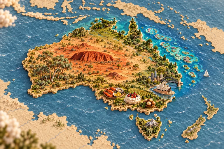 Australie en relief dans son contexte géographique, avec Uluru, Opéra de Sydney, Grande Barrière de corail, eucalyptus, fruits de mer, pavlova, noix de macadamia.
