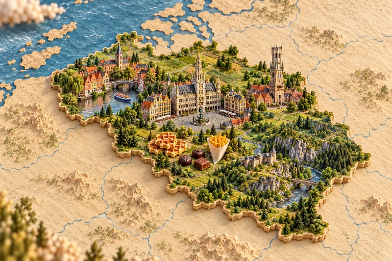 Relief map of Belgium in its geographic context, with Brussels Grand Place, Bruges canal, belfry, Ardennes forest, waffles, chocolate, fries.