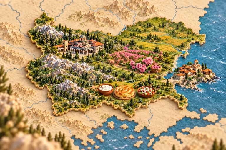 Relief map of Bulgaria in its geographic context, with Rila Monastery, Kazanlak roses, mountains, Nessebar houses, yoghurt, banitsa pastry, shopska salad.