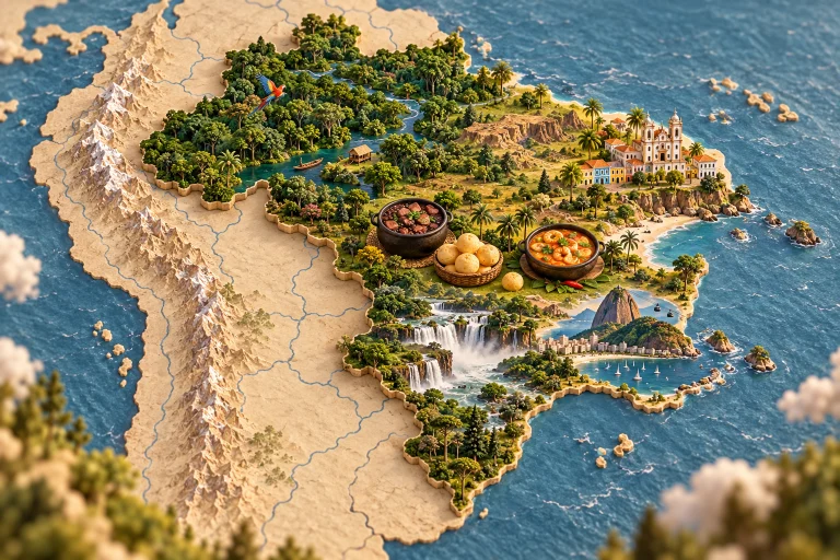 Relief map of Brazil in its geographic context, with Amazon forest, Sugarloaf Mountain, Salvador architecture, Iguacu Falls, feijoada bean stew, pão de queijo, moqueca fish stew.