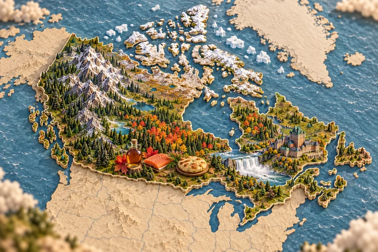 Canada en relief dans son contexte géographique, avec Rocheuses, forêt d’érables, chutes du Niagara, architecture du Vieux-Québec, sirop d’érable, saumon, bannock.