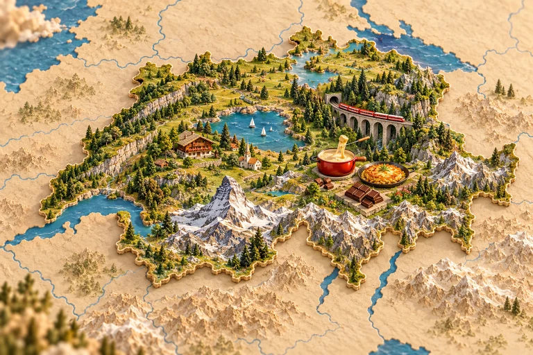 Suisse en relief dans son contexte géographique, avec Cervin, lac alpin, chalet, viaduc ferroviaire, fondue, rösti, chocolat.