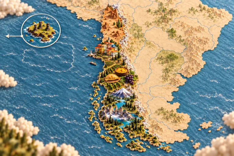 Relief map of Chile in its geographic context, with Atacama Desert, Torres del Paine, Valparaiso houses, southern volcano, empanada de pino, pastel de choclo corn pie, grapes.