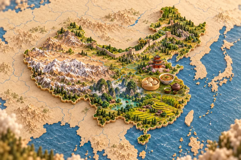 Relief map of China in its geographic context, with Great Wall, pagoda, karst mountains, terraced rice fields, dumplings, noodles, tea.