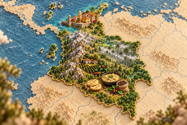 Relief map of Colombia in its geographic context, with Andes, coffee farm, Cartagena architecture, Cocora wax palms, arepas, ajiaco potato soup, coffee.