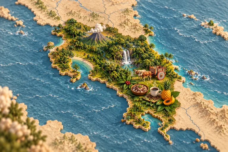 Costa Rica en relief dans son contexte géographique, avec volcan Arenal, forêt tropicale, cascade, charrette traditionnelle peinte, gallo pinto, café, fruits tropicaux.