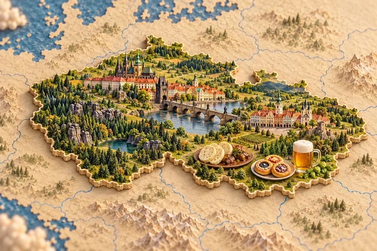 Relief map of Czechia in its geographic context, with Charles Bridge, castle, historic houses, Bohemian forest, knedlíky dumplings, koláče pastries, beer.