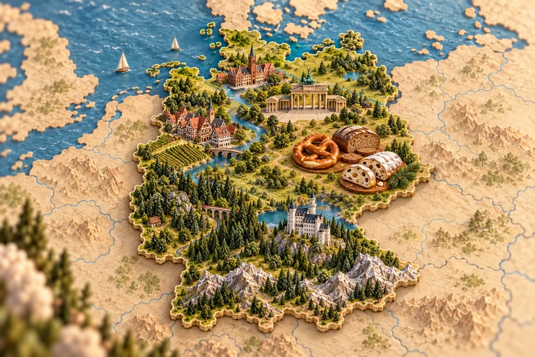 Allemagne en relief dans son contexte géographique, avec porte de Brandebourg, château bavarois, Forêt-Noire, maisons à colombages, bretzel, pain de seigle, Stollen.