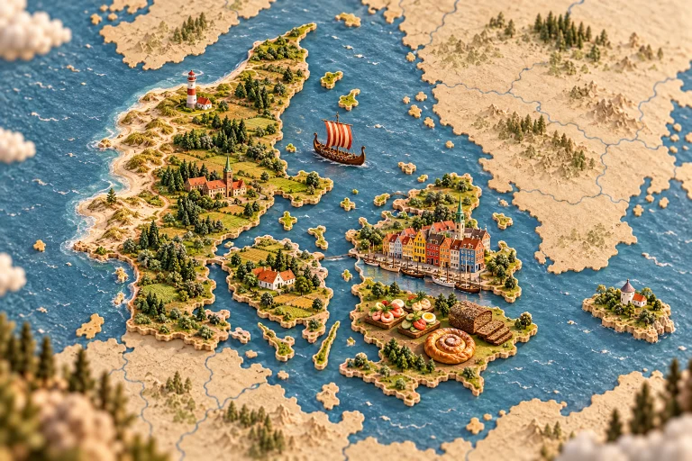 Danemark en relief dans son contexte géographique, avec maisons de Nyhavn, phare, côte de dunes, bateau viking, smørrebrød, pain de seigle, viennoiserie danoise.