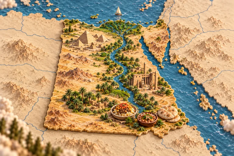Relief map of Egypt in its geographic context, with Giza pyramids, Nile River, Luxor temple, palm grove, koshary rice and lentils, foul medames beans, baladi bread.