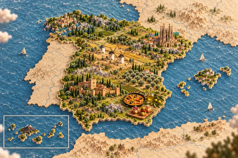 Espagne en relief dans son contexte géographique, avec Sagrada Família, Alhambra, moulins de La Manche, oliveraie, paella, huile d’olive, pintxos.