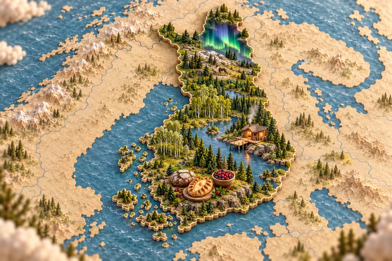 Relief map of Finland in its geographic context, with birch forest, lake, wooden sauna, northern lights, rye bread, Karelian pasty, berries.