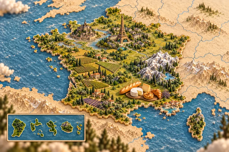 France en relief dans son contexte géographique, avec tour Eiffel, Mont-Saint-Michel, Alpes, vignobles, pain, fromages, pâtisseries.