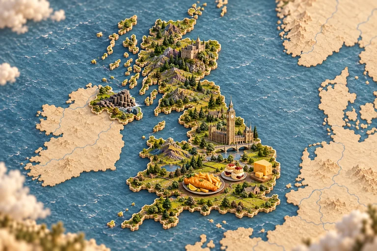Royaume-Uni en relief dans son contexte géographique, avec Big Ben, château écossais, collines galloises, Chaussée des Géants, fish and chips, scones, fromage cheddar.