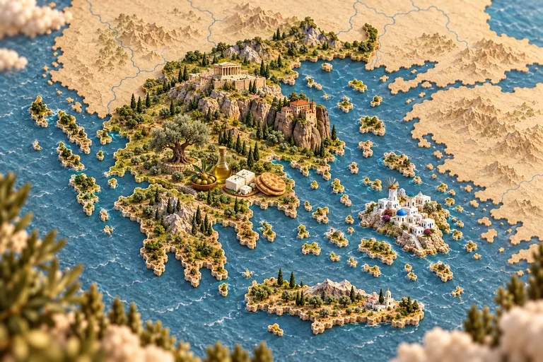 Grèce en relief dans son contexte géographique, avec Acropole, monastère des Météores, village cycladique, olivier, huile d’olive, feta, pain pita.