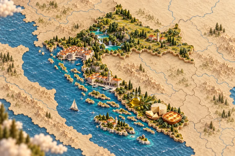 Relief map of Croatia in its geographic context, with Dubrovnik walls, Plitvice lakes, Split palace, Adriatic island, olive oil, Pag cheese, štrukli pastry.