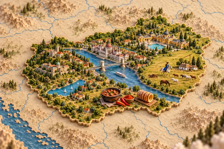 Hongrie en relief dans son contexte géographique, avec Parlement de Budapest, pont sur le Danube, bains thermaux, plaine de la puszta, goulash, paprika, kürtőskalács.