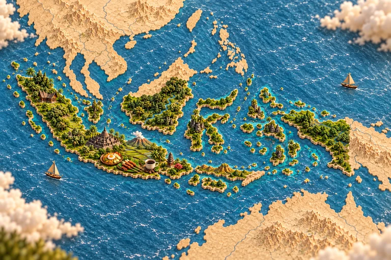 Relief map of Indonesia in its geographic context, with Borobudur, volcano, terraced rice fields, traditional house, nasi goreng fried rice, satay skewers, coffee.