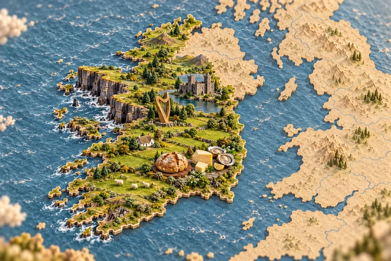 Relief map of Ireland in its geographic context, with Cliffs of Moher, harp, castle, green meadow, soda bread, cheese, oysters.