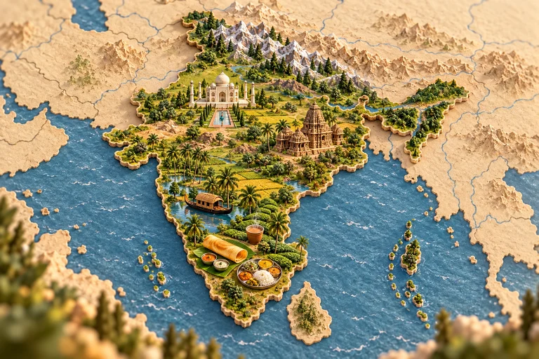 Relief map of India in its geographic context, with Taj Mahal, carved temple, Himalayas, Kerala boat, dosa, thali meal, tea.