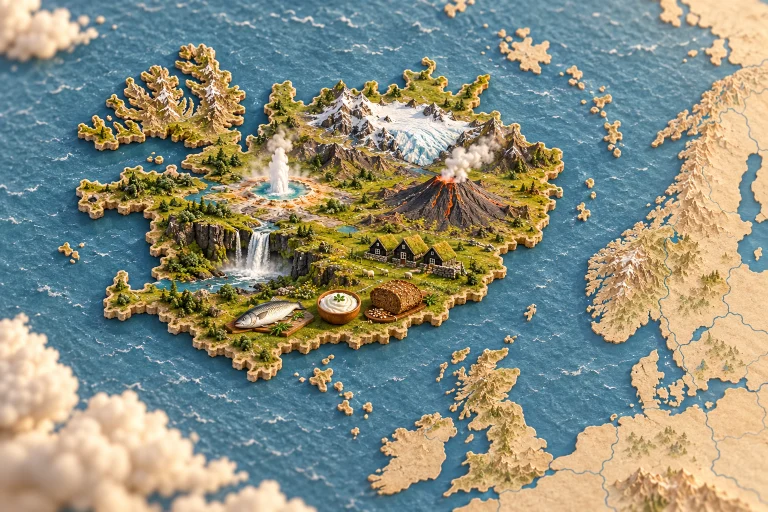Islande en relief dans son contexte géographique, avec geyser, volcan, cascade, maisons au toit végétal, poisson, skyr, pain de seigle.