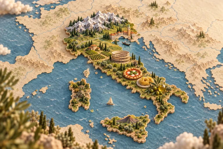 Relief map of Italy in its European setting, with the Alps, Colosseum, Venetian canal, pizza, pasta and olive oil.