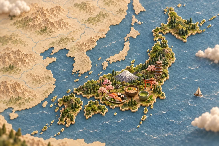 Archipel japonais en relief à l’est de l’Asie, avec mont Fuji, torii, pagode, cerisiers, sushi, ramen et thé vert.