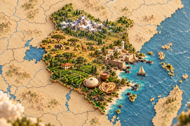Kenya en relief dans son contexte géographique, avec mont Kenya, savane, architecture swahilie, plantation de thé, ugali, chapati, thé.
