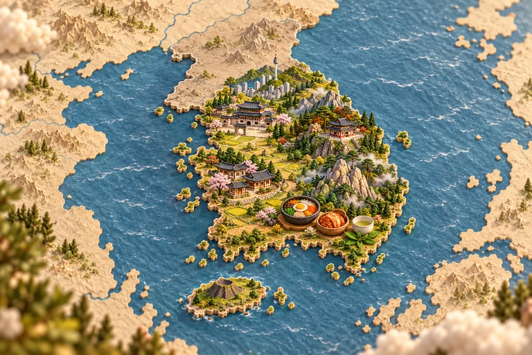 Relief map of South Korea in its geographic context, with Seoul palace, temple, mountains, hanok house, kimchi, bibimbap, tea.