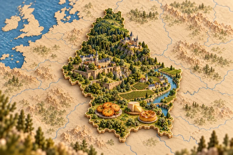 Relief map of Luxembourg in its geographic context, with Luxembourg fortifications, Vianden Castle, Moselle valley, forest, gromperekichelcher potato fritters, cheese, pastry.