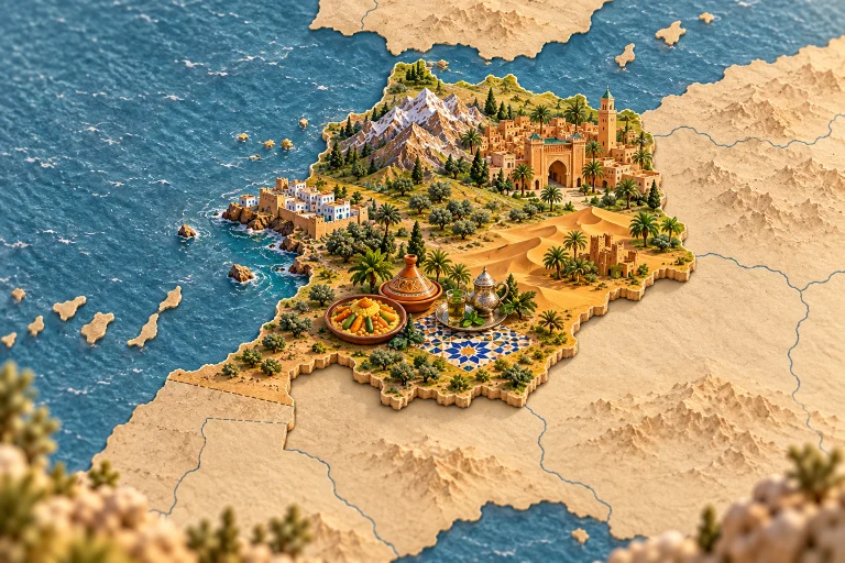Maroc en relief dans son contexte géographique, avec Atlas, porte de médina, dunes, artisanat en zellige, couscous, tagine, thé à la menthe.