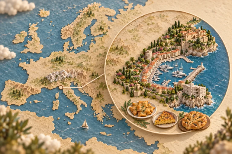 Monaco located on a European map with an enlarged relief inset showing the palace, museum, harbour, barbajuan, socca and fougasse.