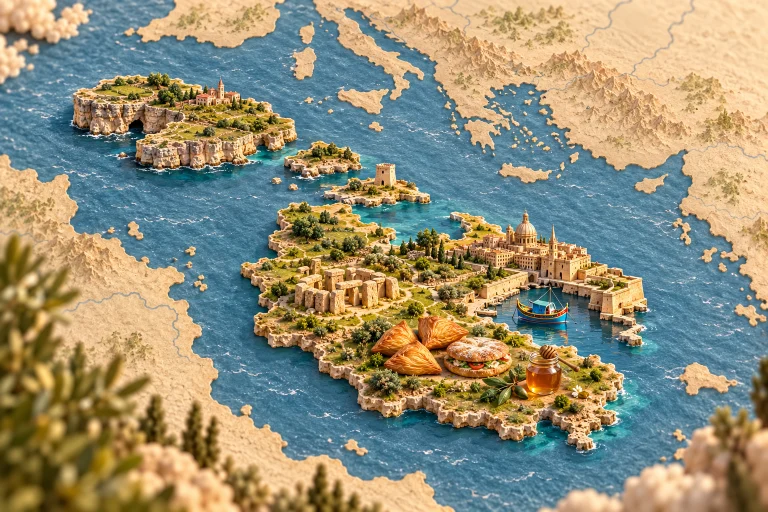 Relief map of Malta in its geographic context, with Valletta fortifications, megalithic temple, luzzu boat, Gozo cliffs, pastizzi pastries, ftira bread, honey.
