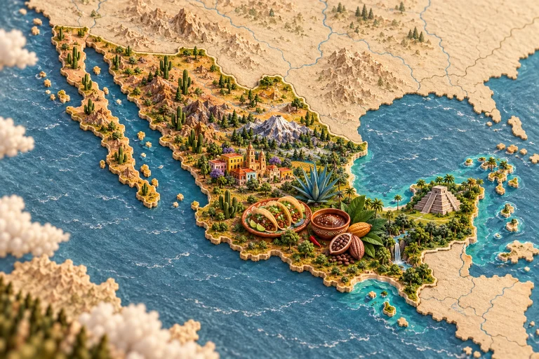 Mexique en relief dans son contexte géographique, avec pyramide de Chichén Itzá, architecture colorée, agave, cactus, tacos, mole, cacao.