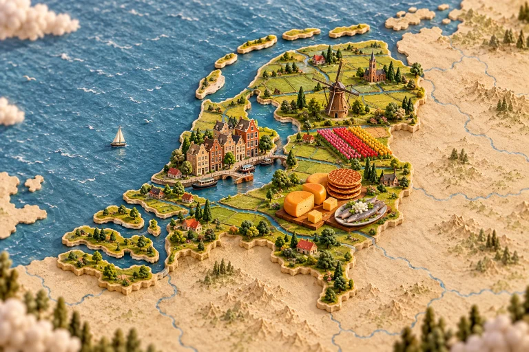 Pays-Bas en relief dans son contexte géographique, avec moulin, canal, champ de tulipes, maisons à pignon, fromage, stroopwafel, hareng.