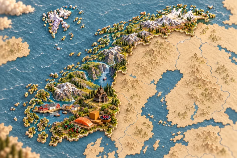 Norvège en relief dans son contexte géographique, avec fjord, montagnes, église en bois, maisons portuaires, saumon, brunost, baies.