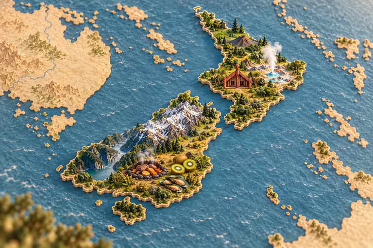 Relief map of New Zealand in its geographic context, with Southern Alps, Māori meeting house, geyser, fjord, hāngī earth-cooked meal, kiwifruit, green-lipped mussels.