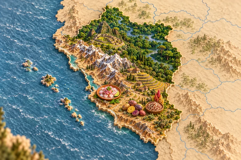 Relief map of Peru in its geographic context, with Machu Picchu, Andes, agricultural terraces, Amazon forest, ceviche, potatoes, quinoa.
