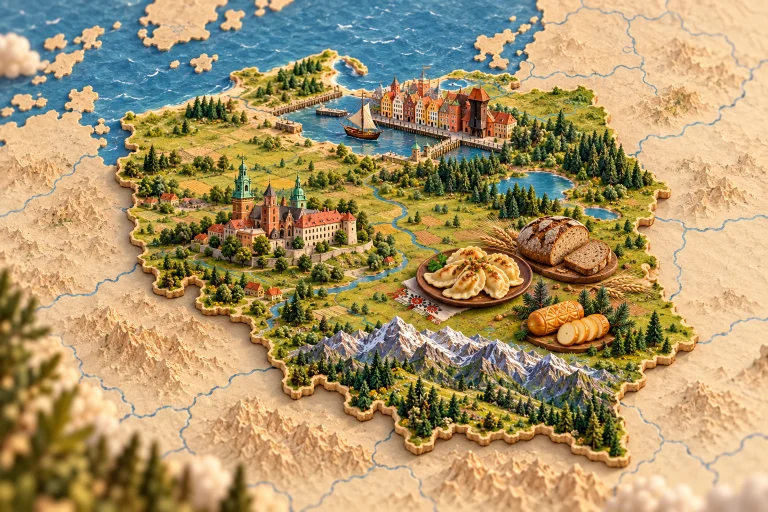 Relief map of Poland in its geographic context, with Krakow architecture, Tatra Mountains, forest, Gdansk houses, pierogi, rye bread, oscypek cheese.