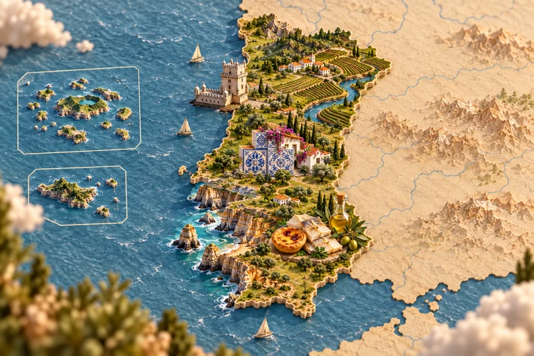 Relief map of Portugal in its geographic context, with Belem Tower, Douro vineyards, azulejo tiles, Atlantic cliff, pastel de nata, bacalhau cod, olive oil.