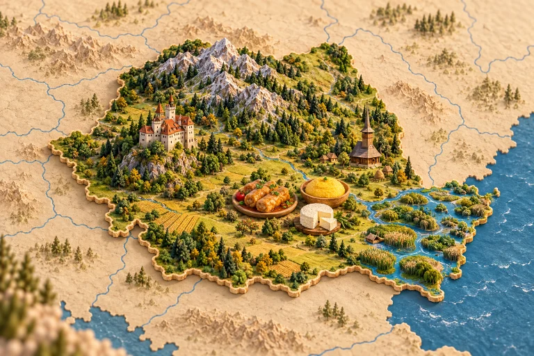 Relief map of Romania in its geographic context, with Carpathians, castle, wooden church, Danube Delta, sarmale cabbage rolls, mămăligă maize porridge, cheese.