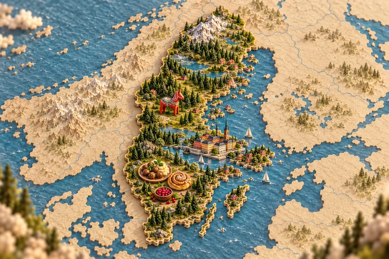 Relief map of Sweden in its geographic context, with Stockholm houses, pine forest, archipelago, Dala horse, Swedish meatballs, cinnamon bun, lingonberries.