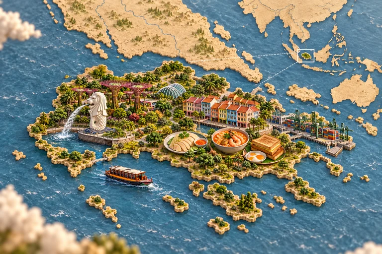 Singapour en relief dans son contexte géographique, avec Merlion, jardins tropicaux, maisons de quartier, bateau portuaire, riz au poulet, laksa, kaya toast.