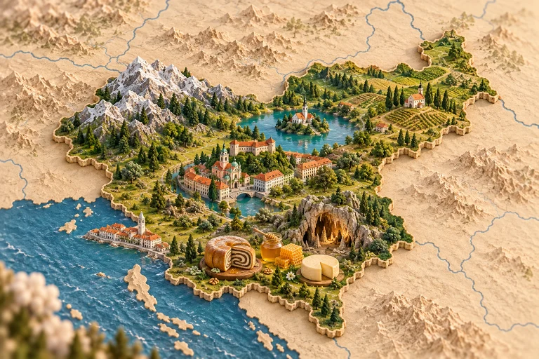 Relief map of Slovenia in its geographic context, with Lake Bled, Julian Alps, karst cave, Ljubljana architecture, potica cake, honey, cheese.